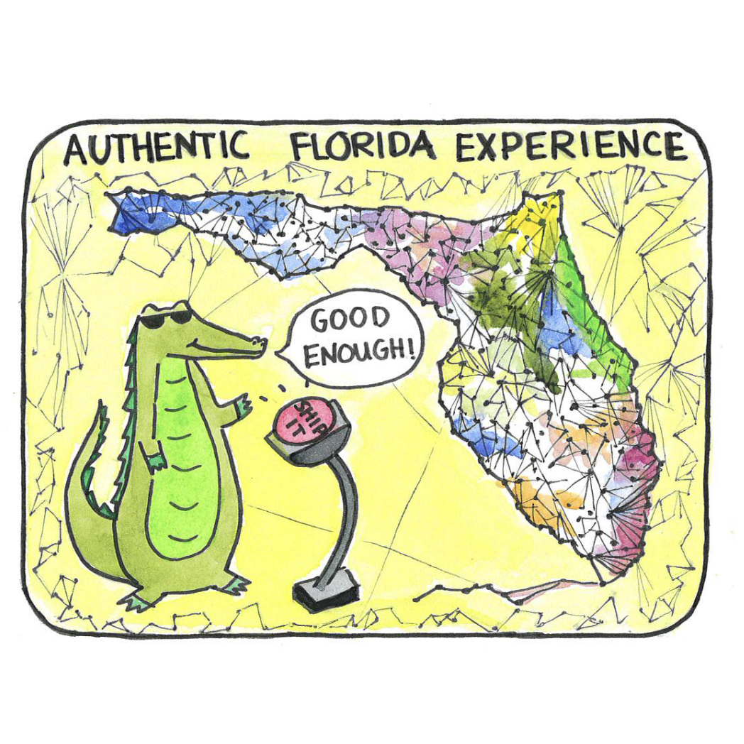 A comic of an alligator wearing sunglasses next to a 'ship it' button, next to a triangulated dual-graph map of Florida, captioned 'Authentic Florida Experience'